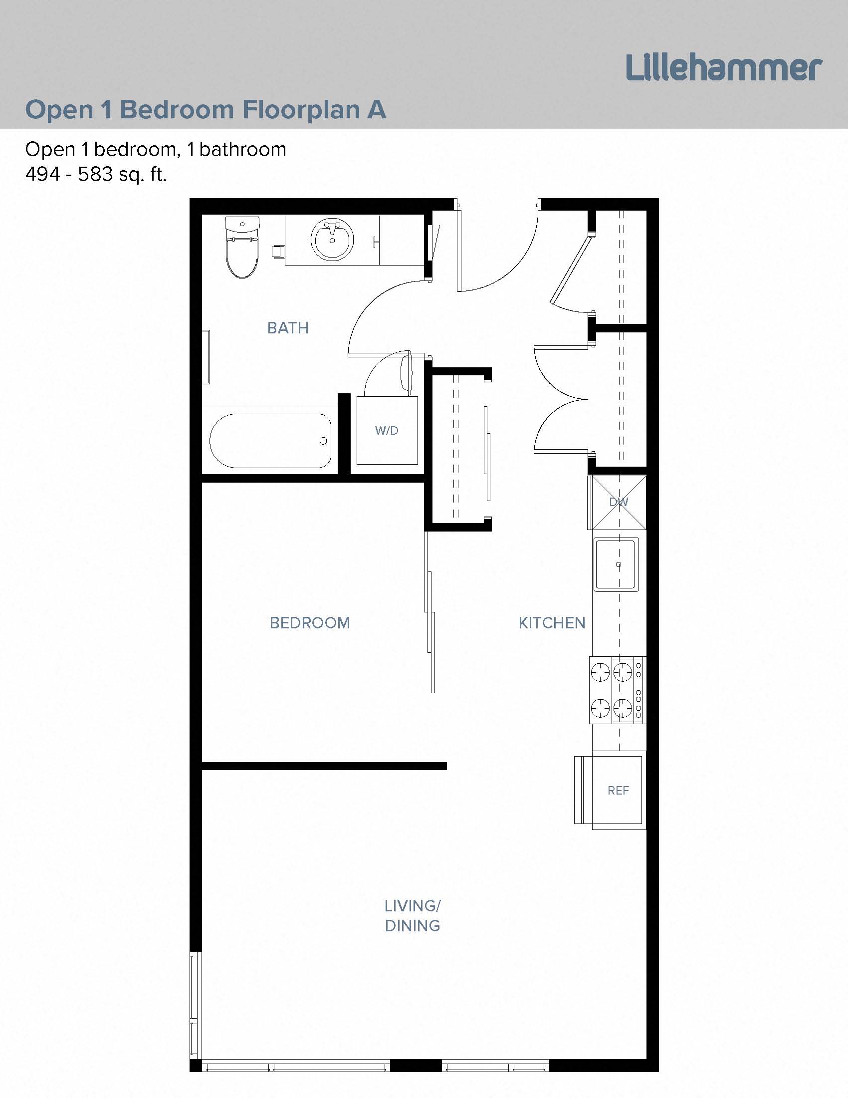 Floor plan for 1 bed, 1 bath, 534 sqft